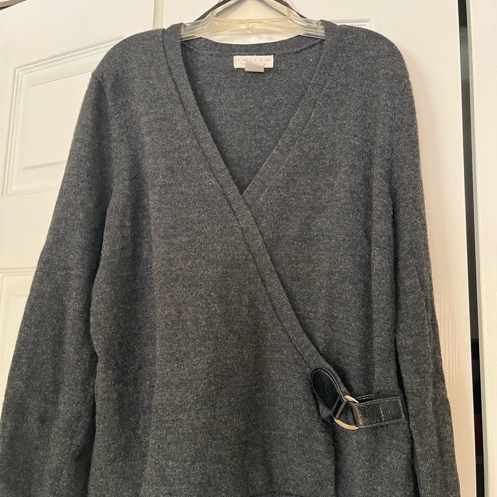 Tweeds Charcoal V-Neck 100 Percent Wool Sweater with Buckle